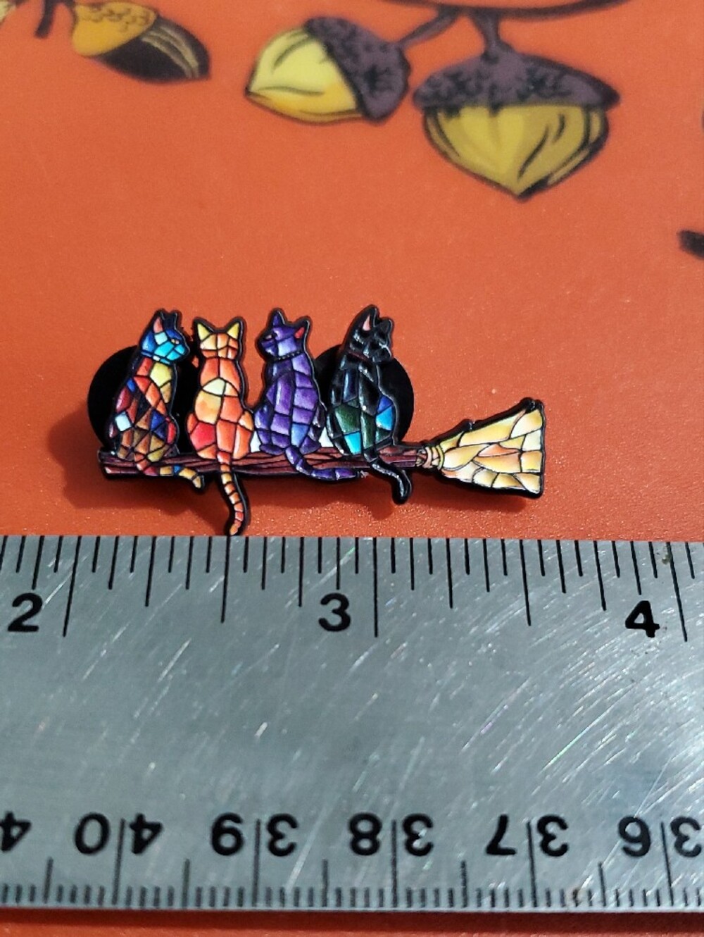 Stained Glass Cats Sitting On Broom Enamel Pin - Picture 2 of 3